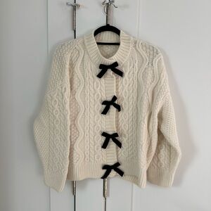 Cable knit Cream Sweater with velvet Black Bow Accents